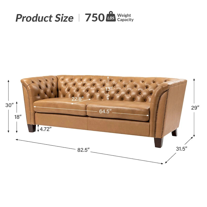 Canapé 210 cm en cuir véritable capitonné avec pieds en bois