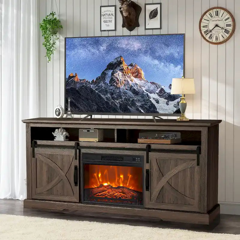 Meuble TV de 68 pouces avec portes coulissantes façon grange et insert de cheminée électrique de 23 pouces