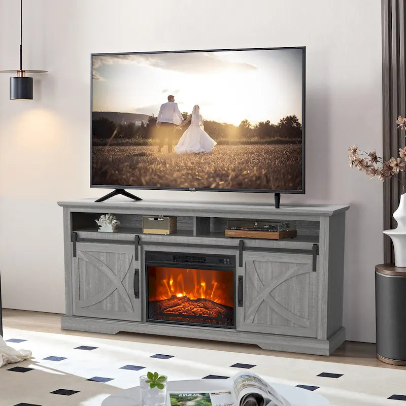 Meuble TV de 68 pouces avec portes coulissantes façon grange et insert de cheminée électrique de 23 pouces