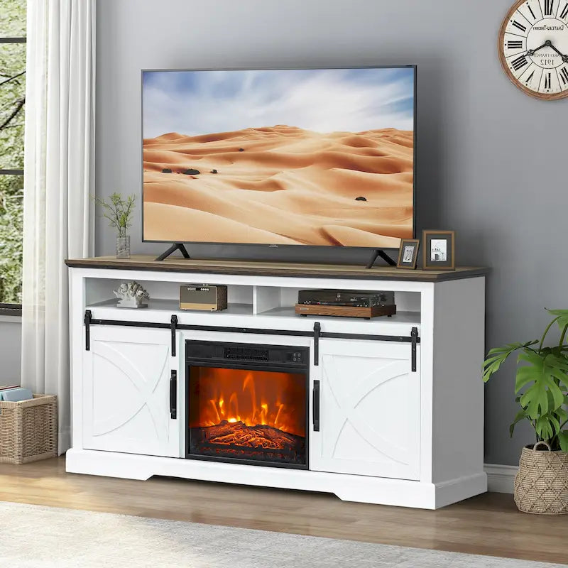 Meuble TV de 68 pouces avec portes coulissantes façon grange et insert de cheminée électrique de 23 pouces