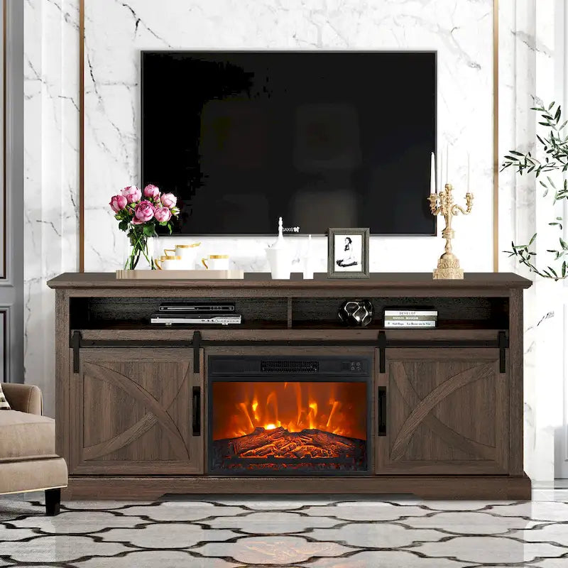 Meuble TV de 68 pouces avec portes coulissantes façon grange et insert de cheminée électrique de 23 pouces