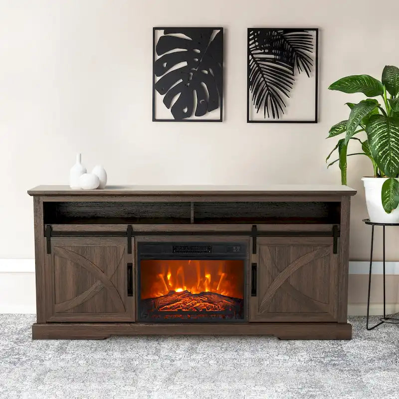 Meuble TV de 68 pouces avec portes coulissantes façon grange et insert de cheminée électrique de 23 pouces