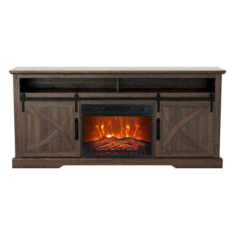 Meuble TV de 68 pouces avec portes coulissantes façon grange et insert de cheminée électrique de 23 pouces