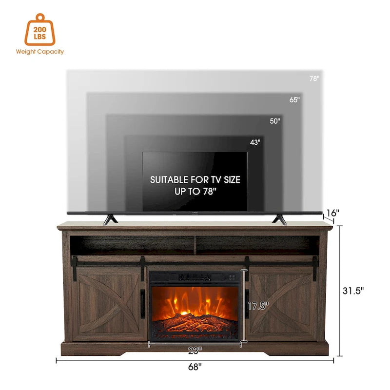 Meuble TV de 68 pouces avec portes coulissantes façon grange et insert de cheminée électrique de 23 pouces