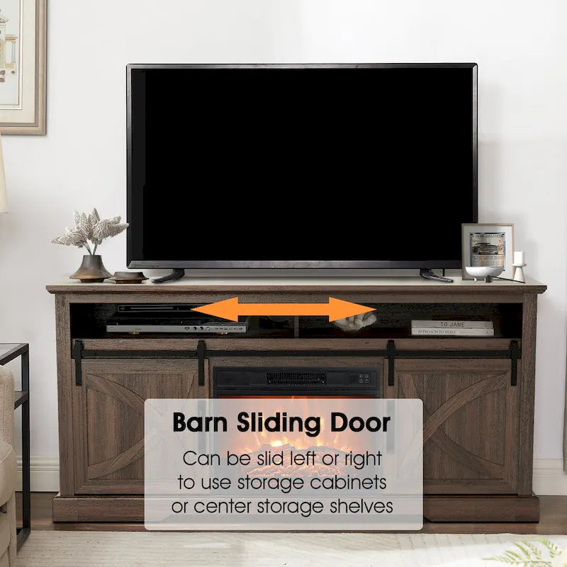 Meuble TV de 68 pouces avec portes coulissantes façon grange et insert de cheminée électrique de 23 pouces