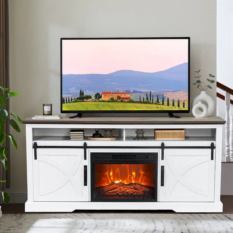 Meuble TV de 68 pouces avec portes coulissantes façon grange et insert de cheminée électrique de 23 pouces