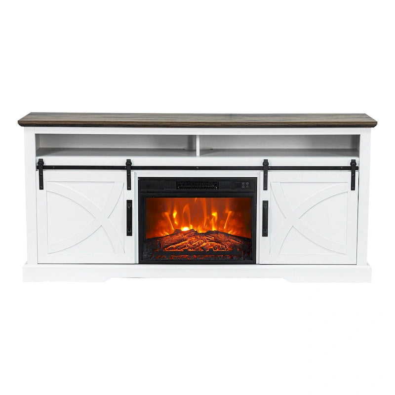 Meuble TV de 68 pouces avec portes coulissantes façon grange et insert de cheminée électrique de 23 pouces