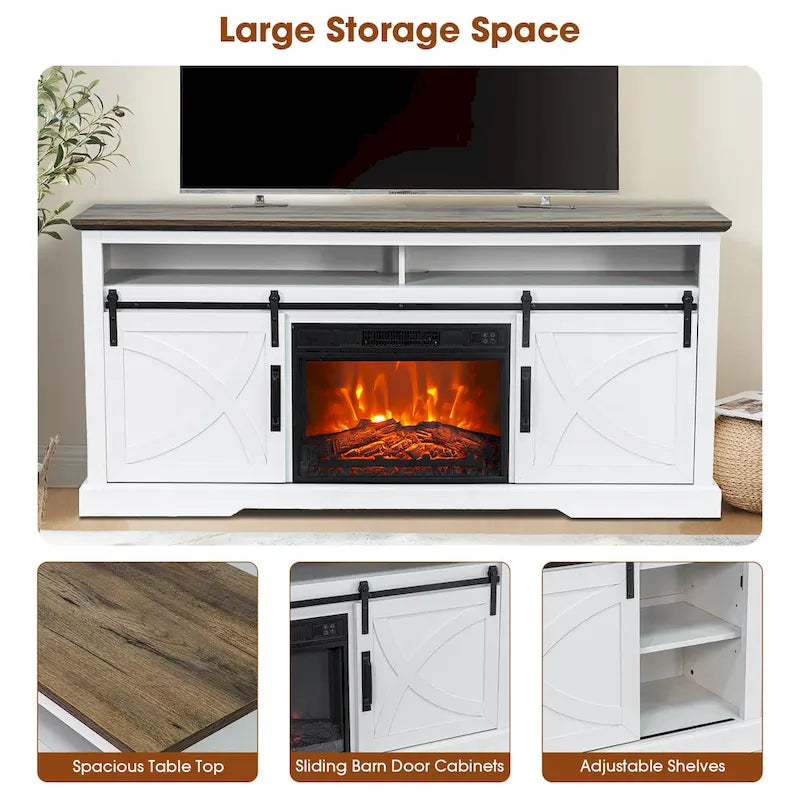 Meuble TV de 68 pouces avec portes coulissantes façon grange et insert de cheminée électrique de 23 pouces