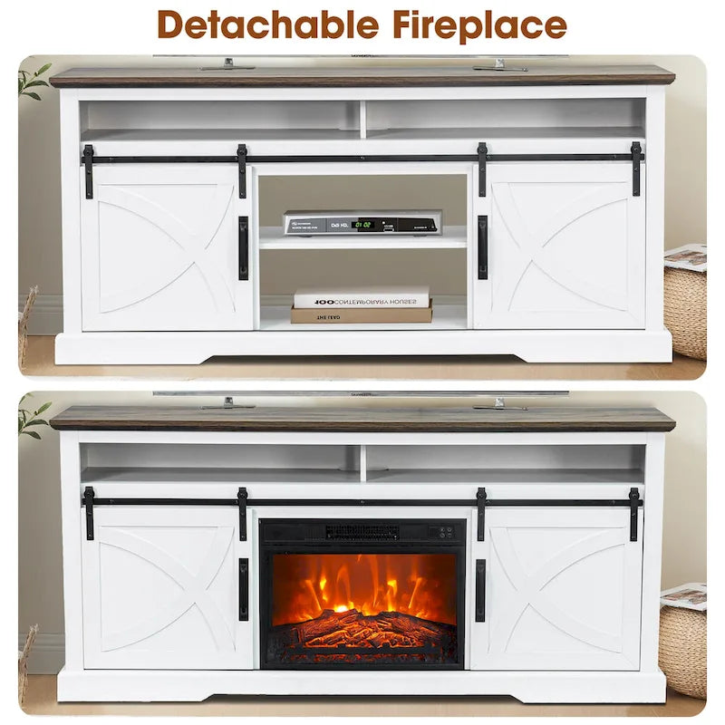Meuble TV de 68 pouces avec portes coulissantes façon grange et insert de cheminée électrique de 23 pouces