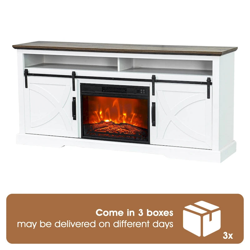 Meuble TV de 68 pouces avec portes coulissantes façon grange et insert de cheminée électrique de 23 pouces