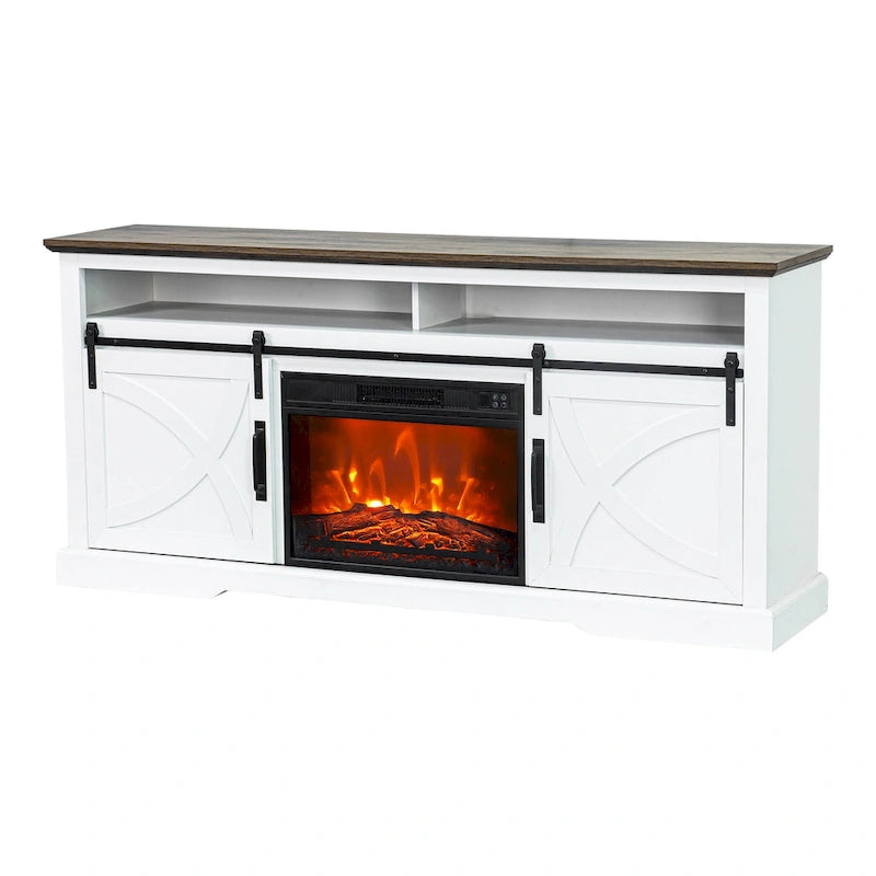 Meuble TV de 68 pouces avec portes coulissantes façon grange et insert de cheminée électrique de 23 pouces