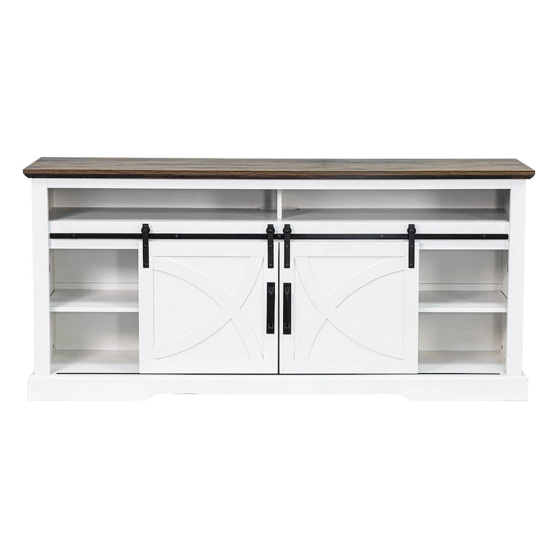 Meuble TV de 68 pouces avec portes coulissantes façon grange et insert de cheminée électrique de 23 pouces