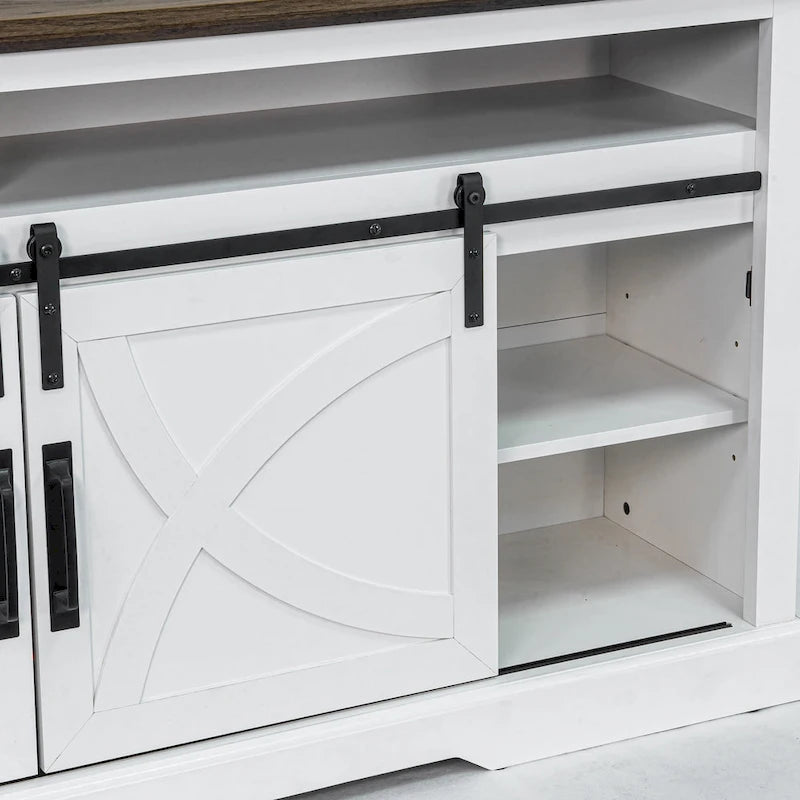 Meuble TV de 68 pouces avec portes coulissantes façon grange et insert de cheminée électrique de 23 pouces
