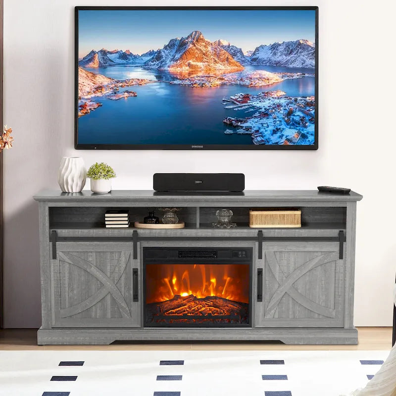 Meuble TV de 68 pouces avec portes coulissantes façon grange et insert de cheminée électrique de 23 pouces