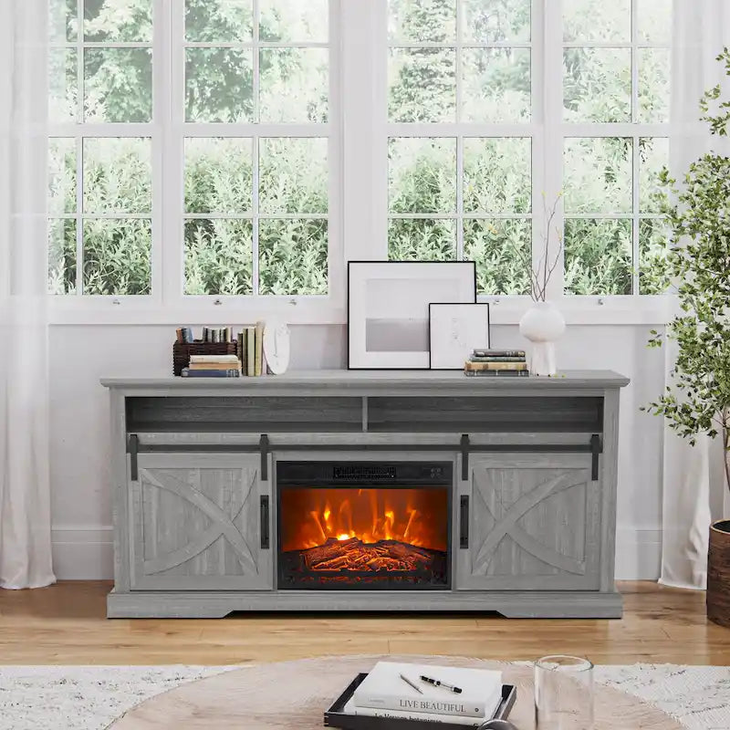 Meuble TV de 68 pouces avec portes coulissantes façon grange et insert de cheminée électrique de 23 pouces