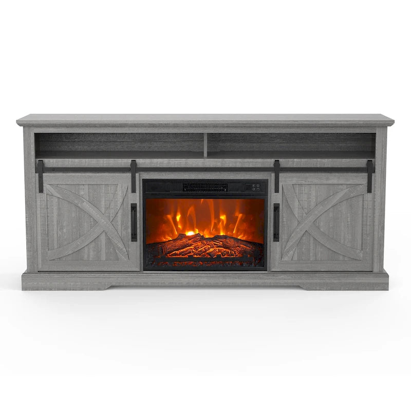 Meuble TV de 68 pouces avec portes coulissantes façon grange et insert de cheminée électrique de 23 pouces