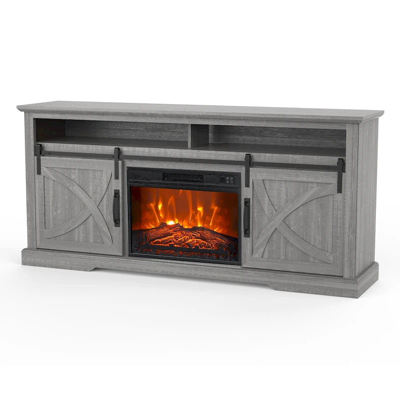 Meuble TV de 68 pouces avec portes coulissantes façon grange et insert de cheminée électrique de 23 pouces