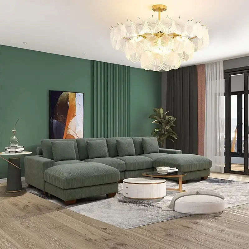 Canapé d'angle en velours côtelé 6 places en forme de U avec poufs