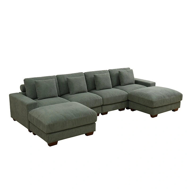 Canapé d'angle en velours côtelé 6 places en forme de U avec poufs