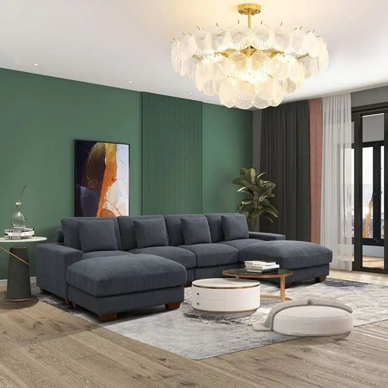 Canapé d'angle en velours côtelé 6 places en forme de U avec poufs