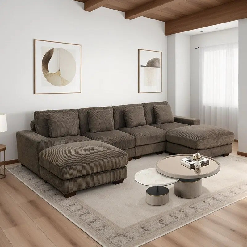 Canapé d'angle en velours côtelé 6 places en forme de U avec poufs