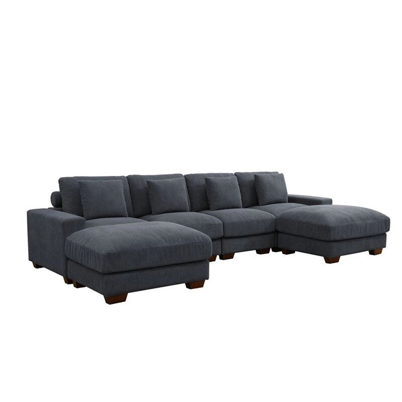 Canapé d'angle en velours côtelé 6 places en forme de U avec poufs