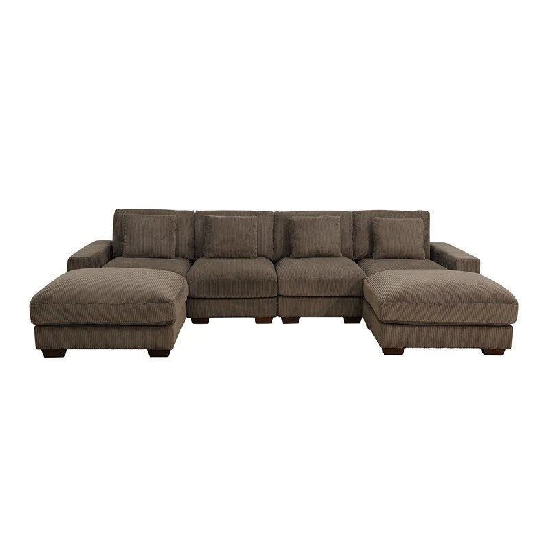 Canapé d'angle en velours côtelé 6 places en forme de U avec poufs