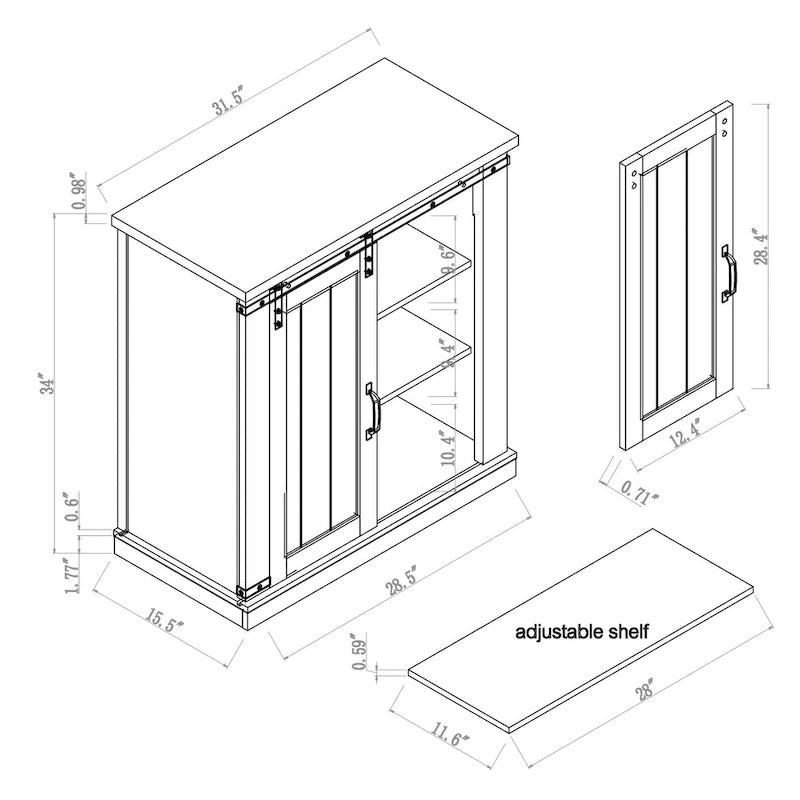 Meuble d'appoint à porte coulissante de style grange de 32 po avec étagères réglables