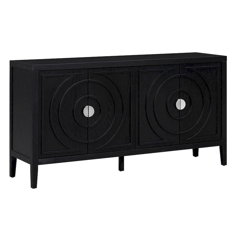 Buffet rétro à 4 portes avec motif rainuré circulaire et poignées rondes en métal - 60L x 16W x 32H