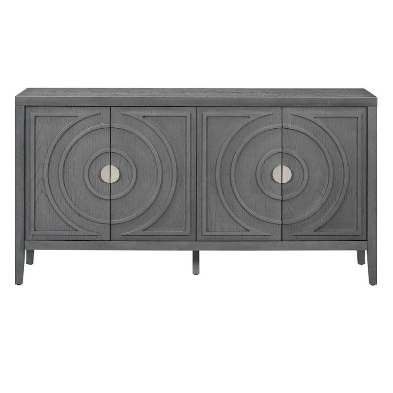 Buffet rétro à 4 portes avec motif rainuré circulaire et poignées rondes en métal - 60L x 16W x 32H