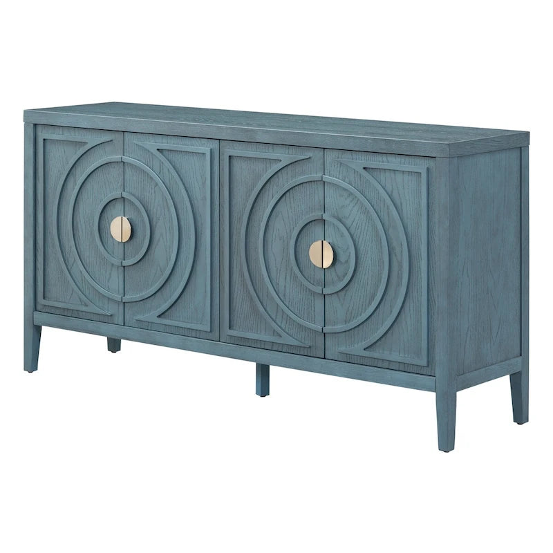 Buffet rétro à 4 portes avec motif rainuré circulaire et poignées rondes en métal - 60L x 16W x 32H