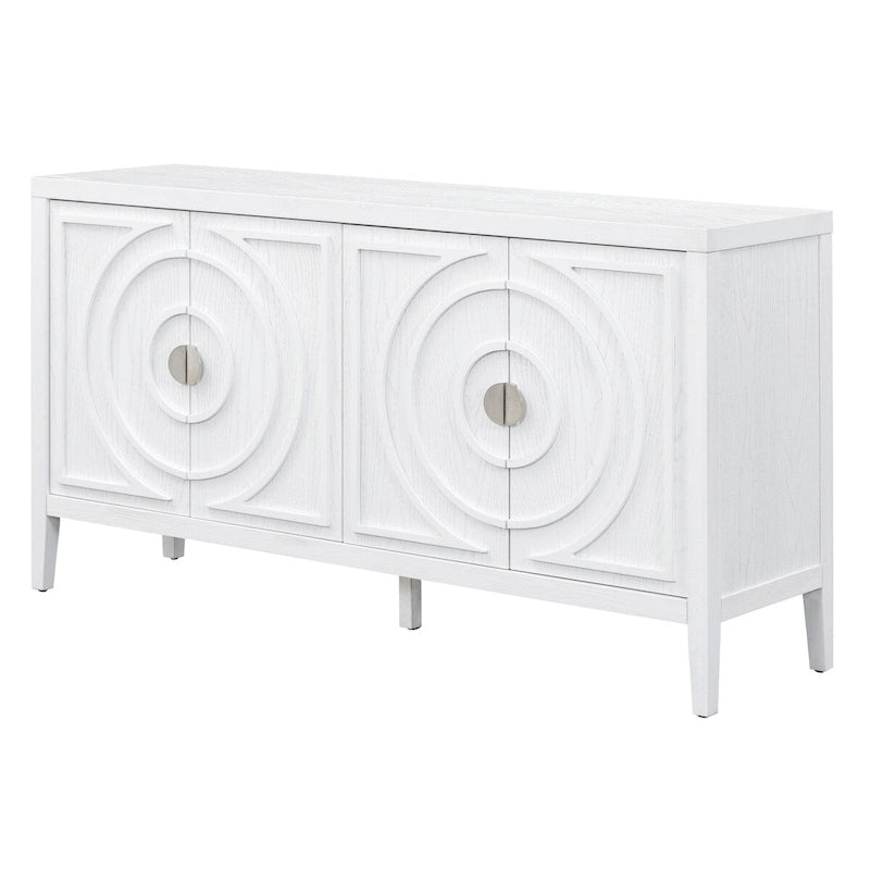 Buffet rétro à 4 portes avec motif rainuré circulaire et poignées rondes en métal - 60L x 16W x 32H