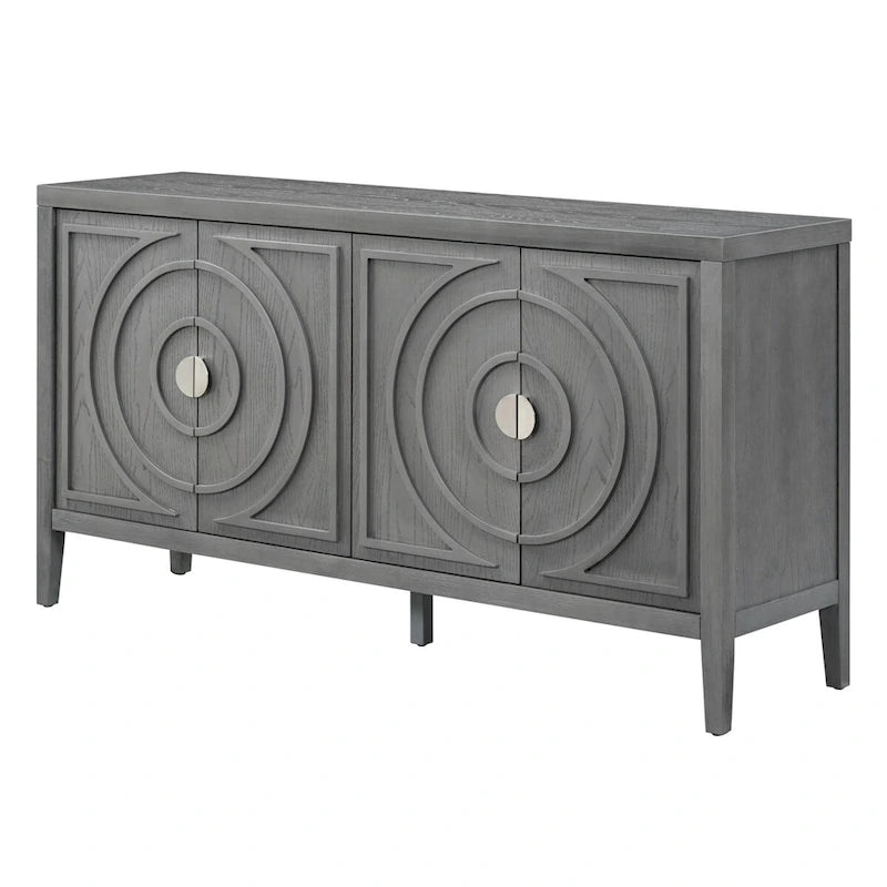 Buffet rétro à 4 portes avec motif rainuré circulaire et poignées rondes en métal - 60L x 16W x 32H
