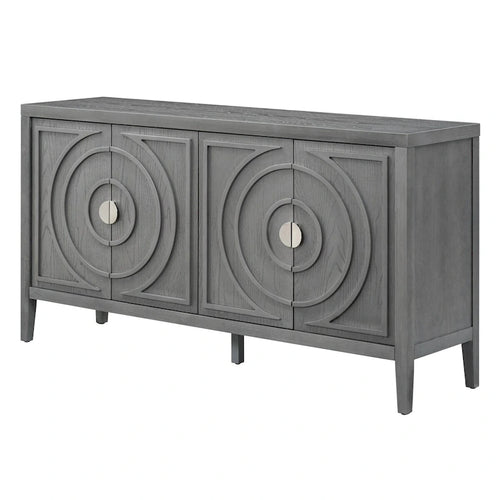 Buffet rétro à 4 portes avec motif rainuré circulaire et poignées rondes en métal - 60L x 16W x 32H