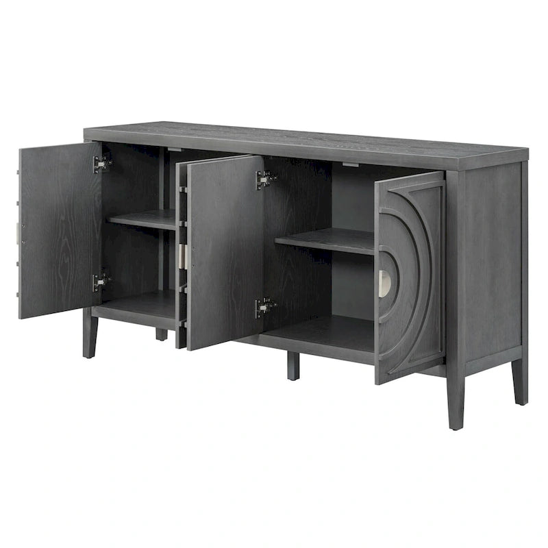 Buffet rétro à 4 portes avec motif rainuré circulaire et poignées rondes en métal - 60L x 16W x 32H