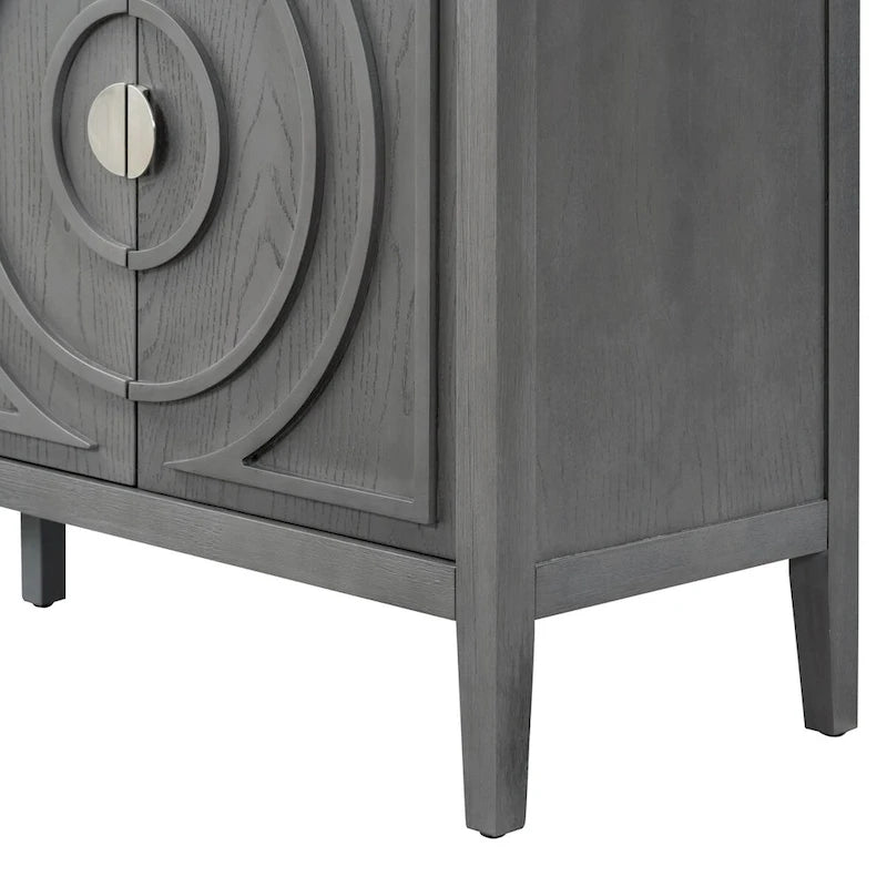 Buffet rétro à 4 portes avec motif rainuré circulaire et poignées rondes en métal - 60L x 16W x 32H