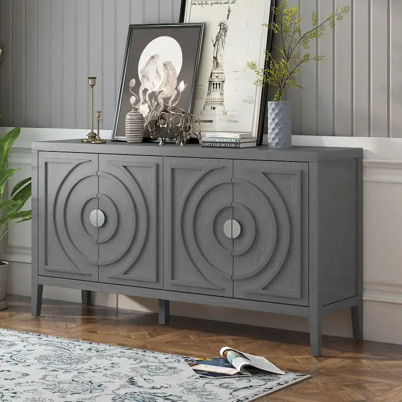 Buffet rétro à 4 portes avec motif rainuré circulaire et poignées rondes en métal - 60L x 16W x 32H