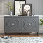 Buffet rétro à 4 portes avec motif rainuré circulaire et poignées rondes en métal - 60L x 16W x 32H