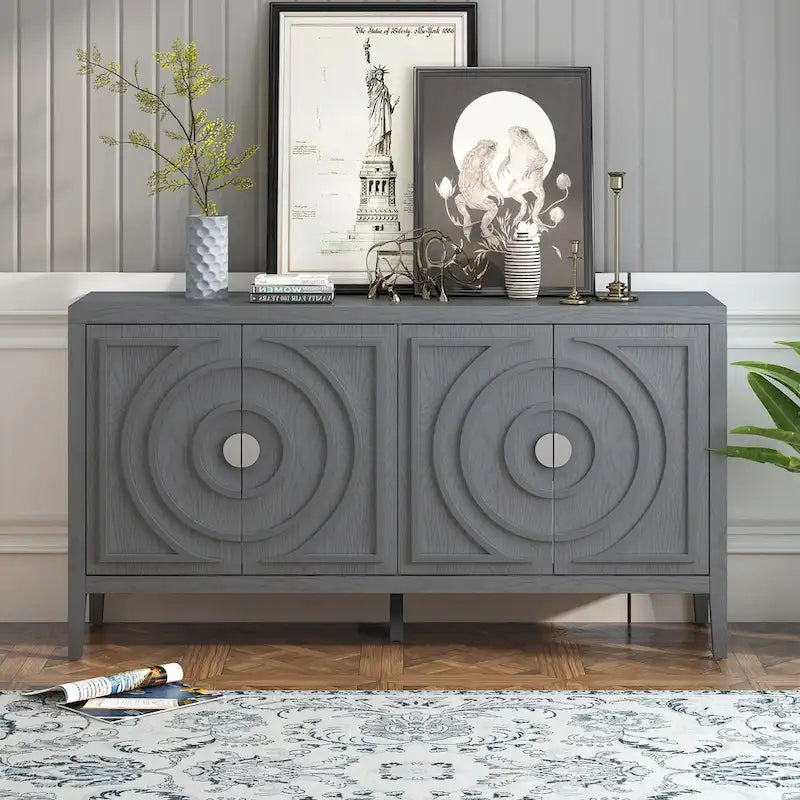 Buffet rétro à 4 portes avec motif rainuré circulaire et poignées rondes en métal - 60L x 16W x 32H