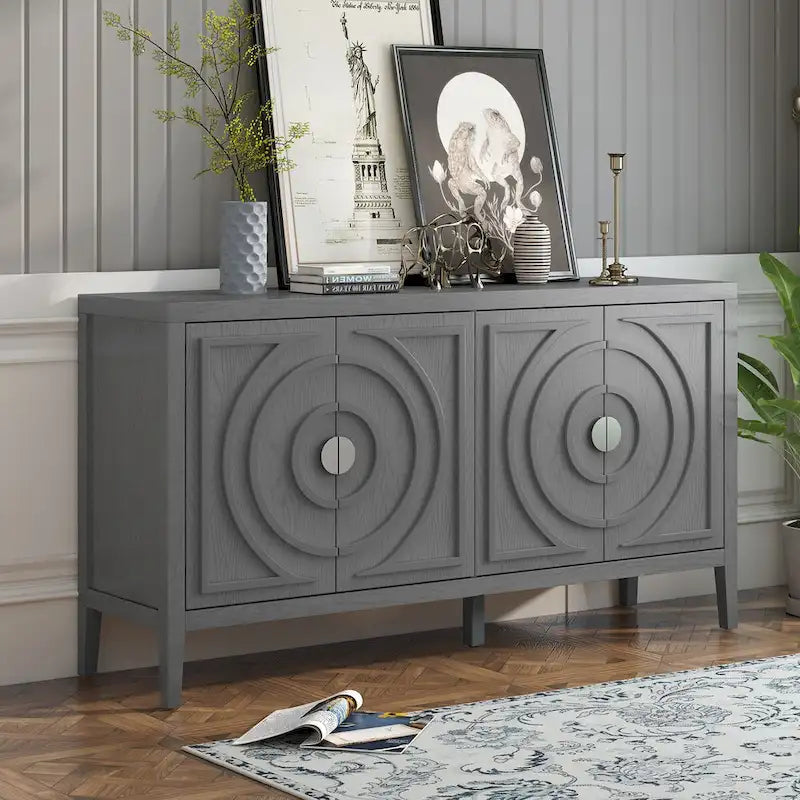 Buffet rétro à 4 portes avec motif rainuré circulaire et poignées rondes en métal - 60L x 16W x 32H