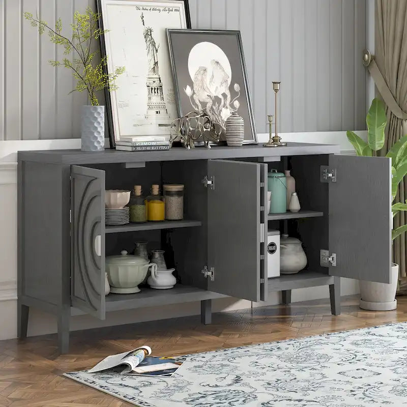 Buffet rétro à 4 portes avec motif rainuré circulaire et poignées rondes en métal - 60L x 16W x 32H