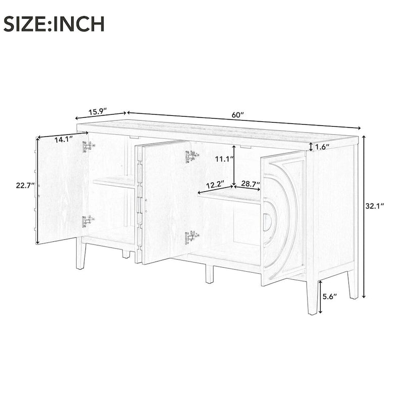 Buffet rétro à 4 portes avec motif rainuré circulaire et poignées rondes en métal - 60L x 16W x 32H