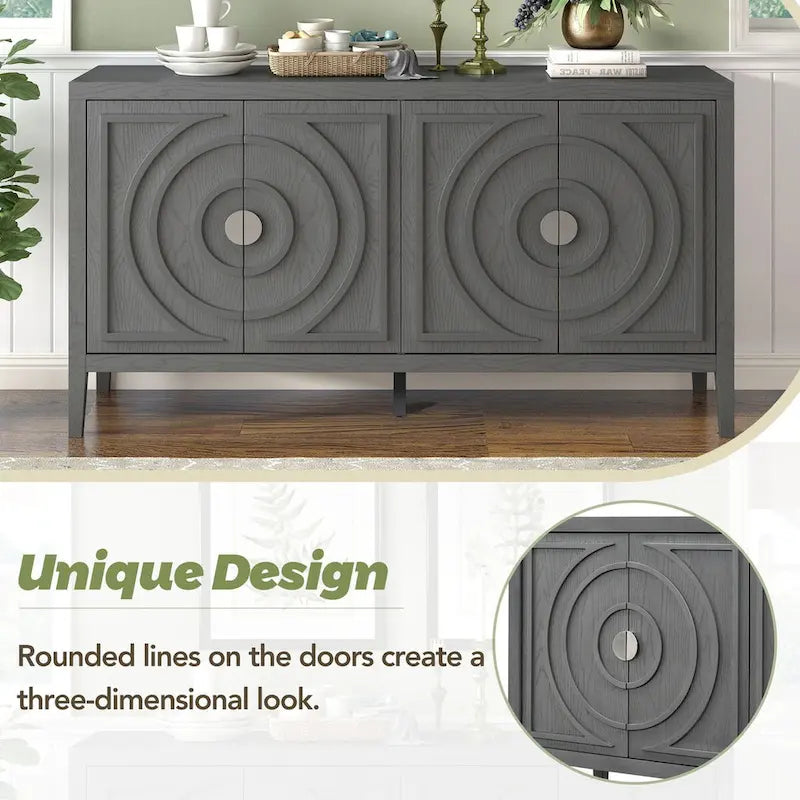 Buffet rétro à 4 portes avec motif rainuré circulaire et poignées rondes en métal - 60L x 16W x 32H