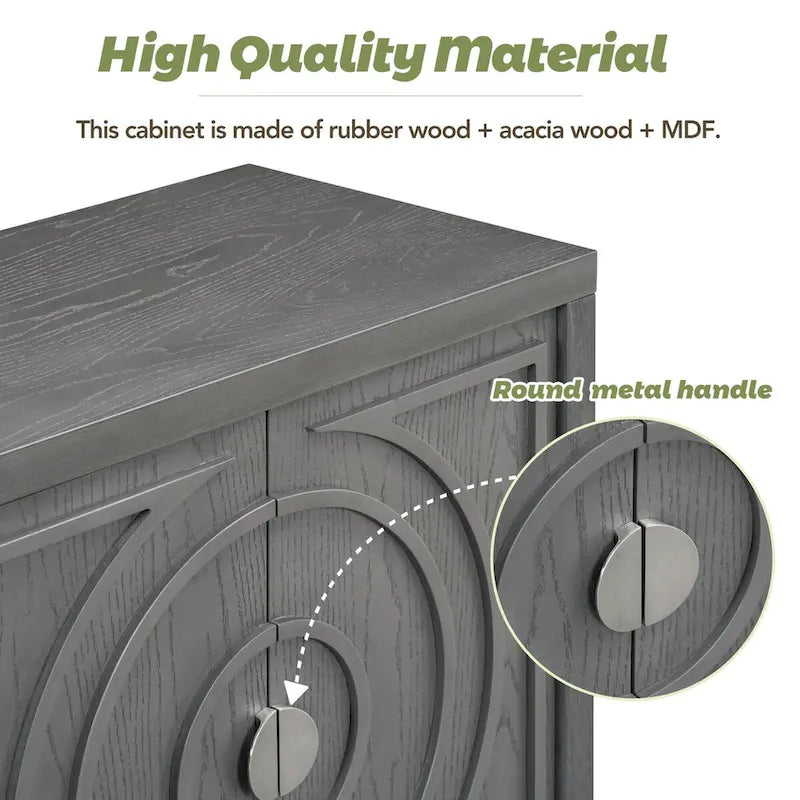 Buffet rétro à 4 portes avec motif rainuré circulaire et poignées rondes en métal - 60L x 16W x 32H