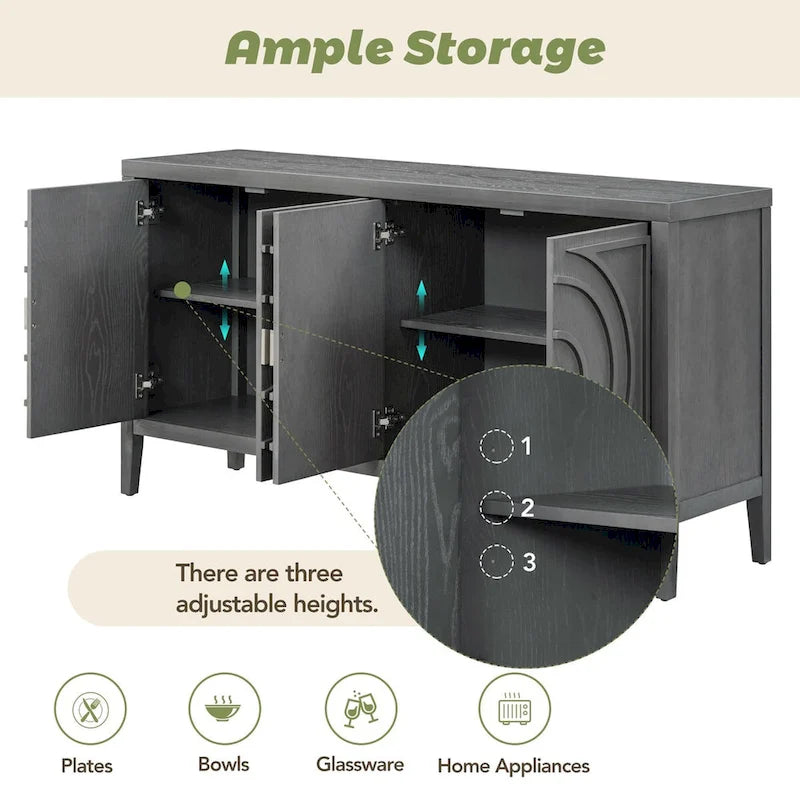 Buffet rétro à 4 portes avec motif rainuré circulaire et poignées rondes en métal - 60L x 16W x 32H