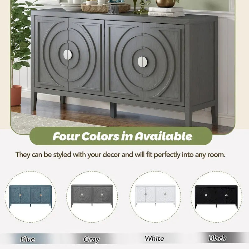 Buffet rétro à 4 portes avec motif rainuré circulaire et poignées rondes en métal - 60L x 16W x 32H