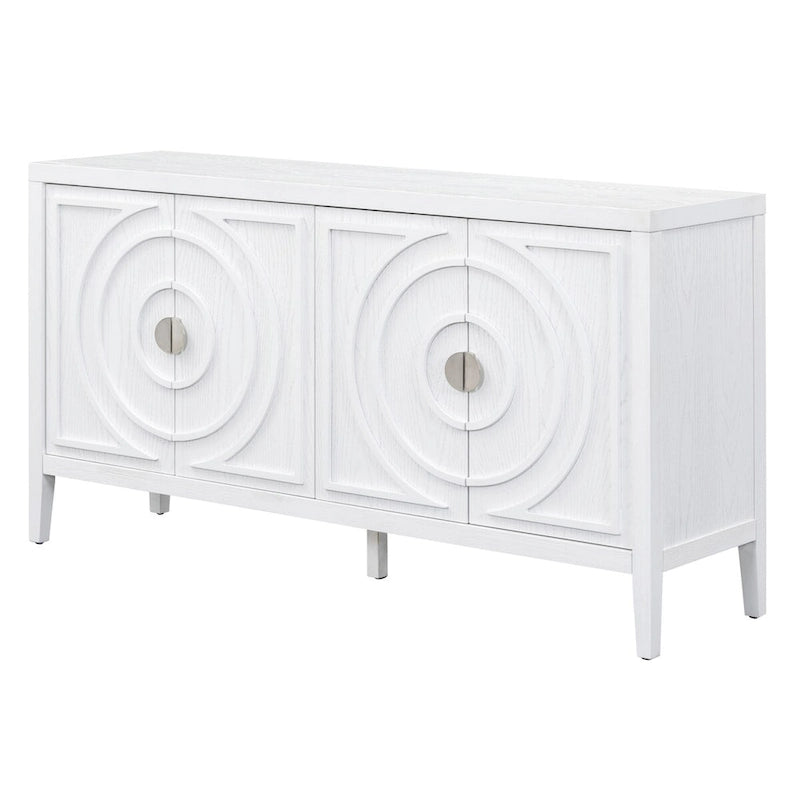 Buffet rétro à 4 portes avec motif rainuré circulaire et poignées rondes en métal - 60L x 16W x 32H