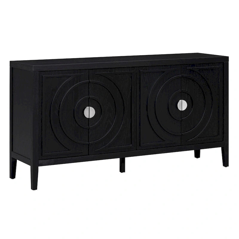 Buffet rétro à 4 portes avec motif rainuré circulaire et poignées rondes en métal - 60L x 16W x 32H