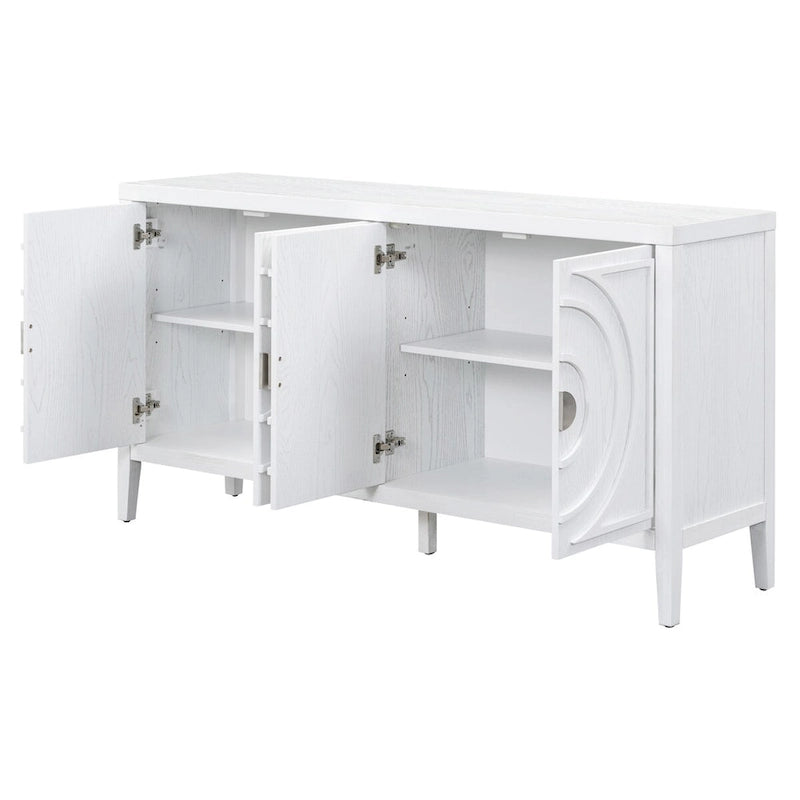Buffet rétro à 4 portes avec motif rainuré circulaire et poignées rondes en métal - 60L x 16W x 32H