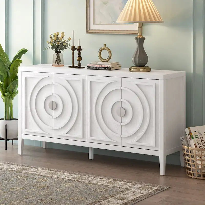 Buffet rétro à 4 portes avec motif rainuré circulaire et poignées rondes en métal - 60L x 16W x 32H